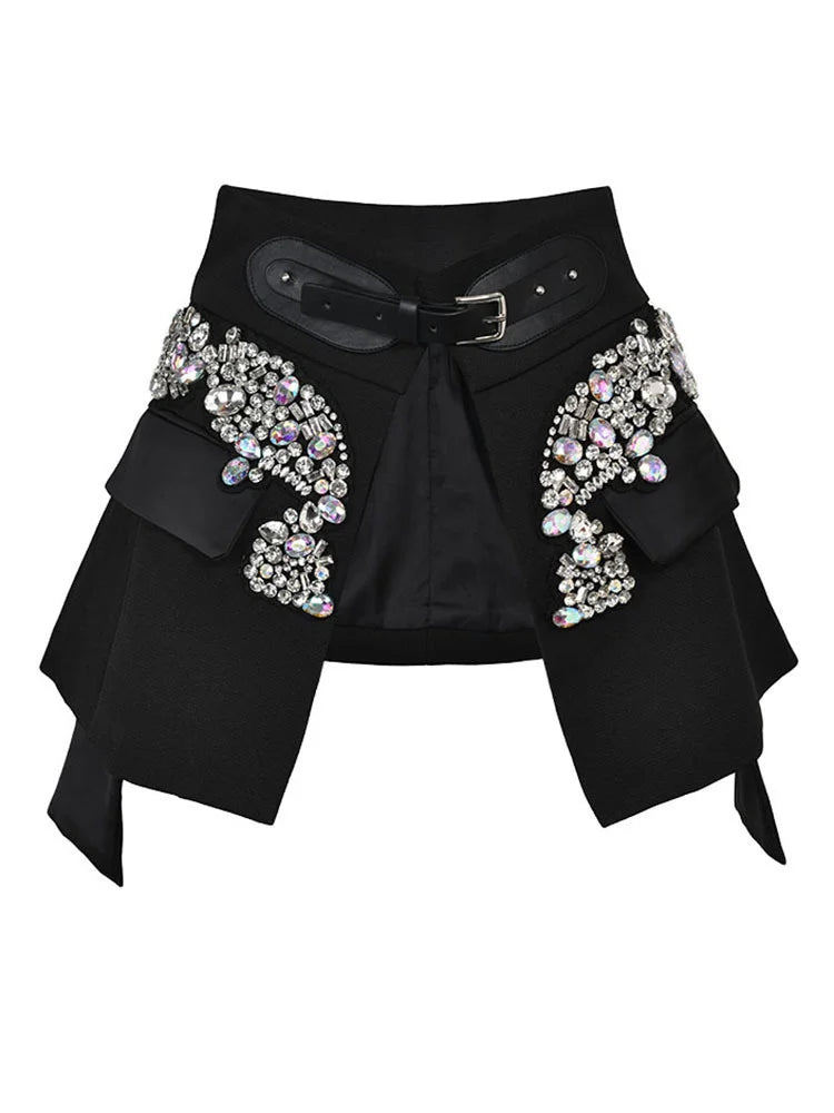 EAM - Minifalda negra con cinturón y pedrería irregular, cintura alta, para mujer, tendencia de moda, primavera otoño 2025, JY75801