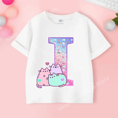 Pusheens Short Sleeve T-shirt for Girls from A to Z, Anime Cat, Summer Clothes, Outdoor Sport, New, Gift for Kids, Special Sale 