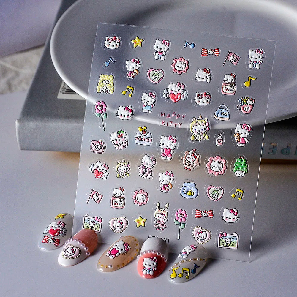 Sanrio Anime 5D Nail Stickers Hello Kitty Kurome Cartoon Stickers Nail Decoration Cute Melody Nail Art Decals Nail Art Supplies