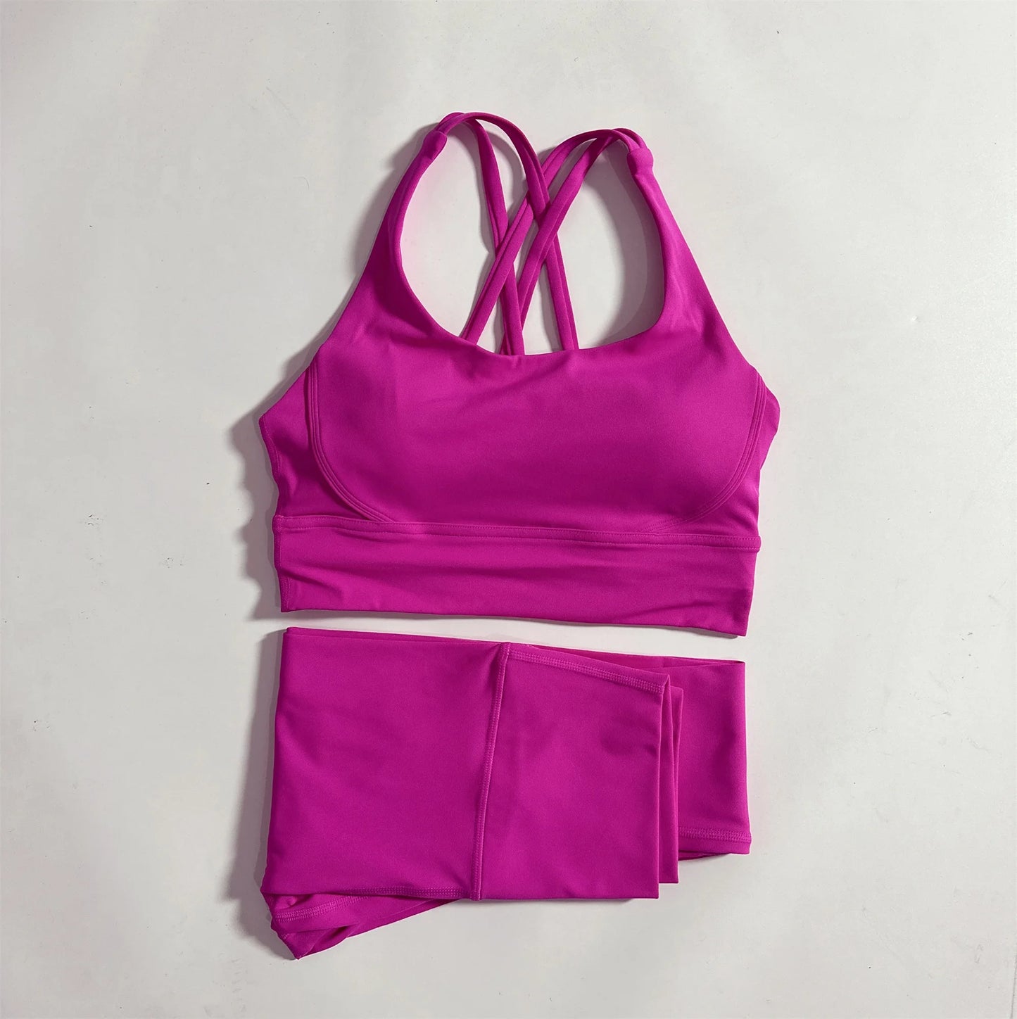 Conjunto de fitness para gimnasio de color sólido, sujetador deportivo cruzado suave y ajustado, 2 piezas de compresión, leggings de yoga de cintura alta, traje de entrenamiento integral para correr