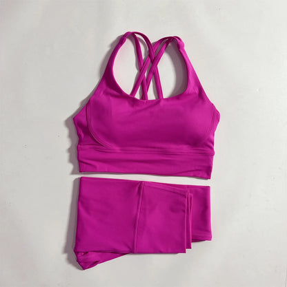 Conjunto de fitness para gimnasio de color sólido, sujetador deportivo cruzado suave y ajustado, 2 piezas de compresión, leggings de yoga de cintura alta, traje de entrenamiento integral para correr