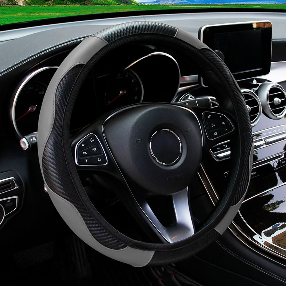 PU Carbon Fiber Leather Car Steering Wheel Cover without Inner Ring Suitable for 14.5-15 Inches Auto Supplies