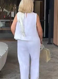 Plus-size women's casual fashion solid color sleeveless loose cotton linen suit plus-size women's clothing