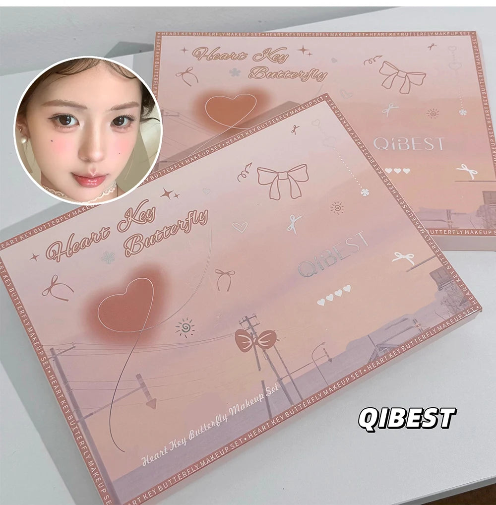 QIBEST Multipurpose Makeup Set 4pc Double Head Lip Glaze, Face Pressed Powder,Blusher,Eyeshadow, Eyebrow Pencil,Eyeliner,Lip Oil
