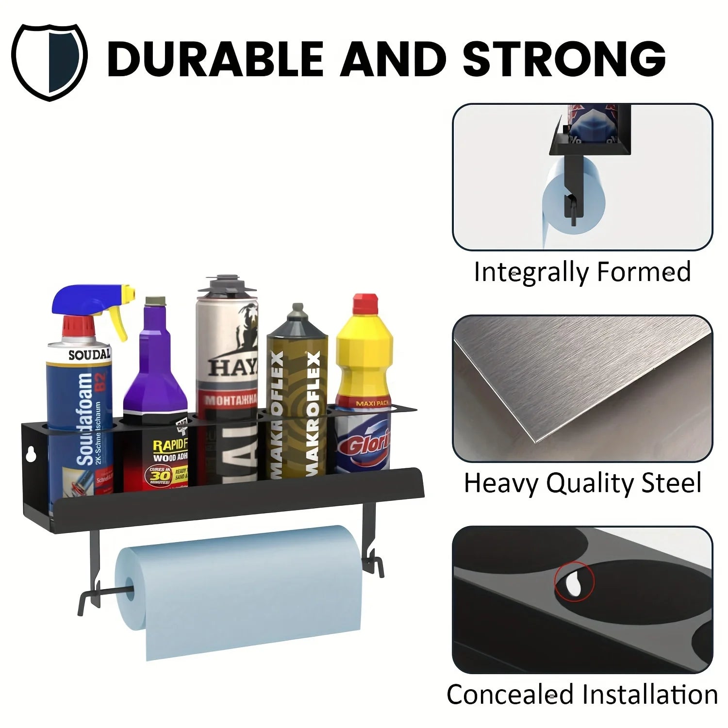 Aerosol Spray Can Holder with Paper Towel Rack - Wall-Mounted 5 Can Organizer for Garage, Workshop, Kitchen & Home Storage