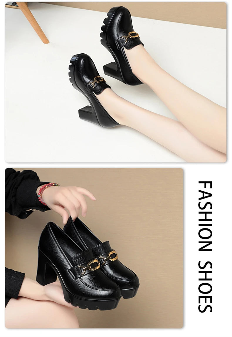 Soft Leather Black Shoe Woman Block Pumps 2024 Thick Bottom Platform Shoes Model Office Work 6.5 cm 8 cm High Heels Grace