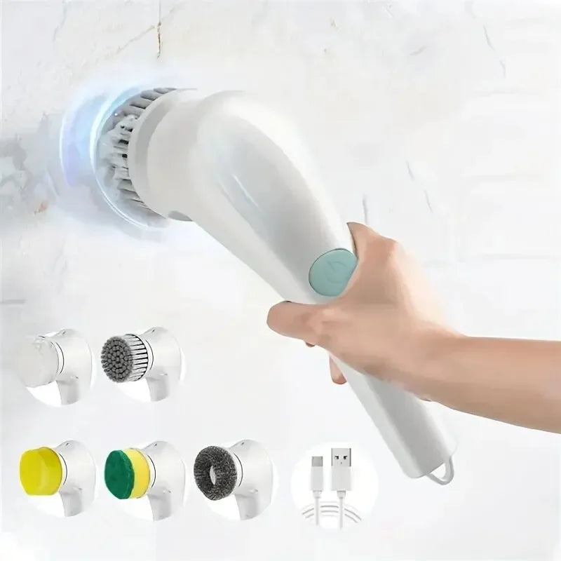 Cepillo de limpieza eléctrico multifuncional cinco en uno, herramientas para el baño y la cocina. 