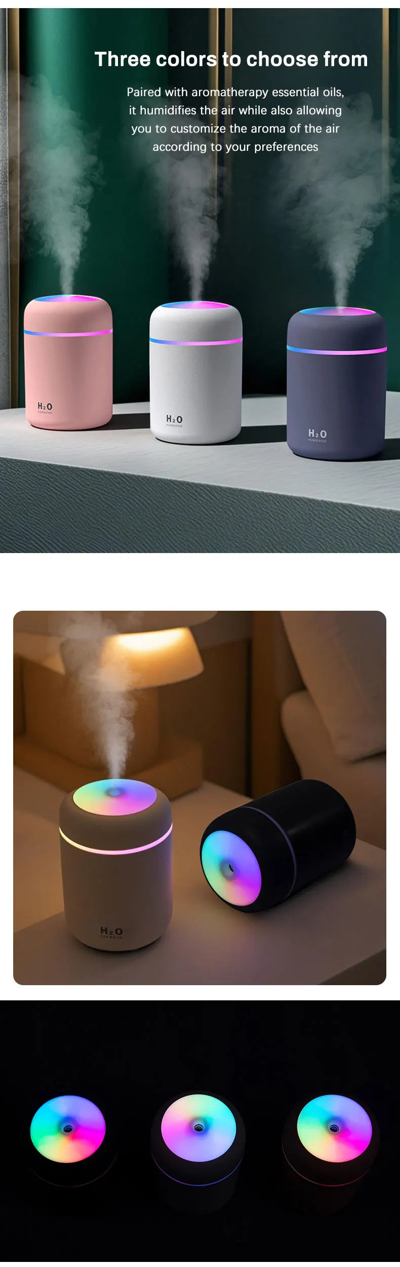 300ml Aromatherapy Diffuser Humidifier Air Purifier Car Home Use Seven-color Light Aromatherapy Essential Oil