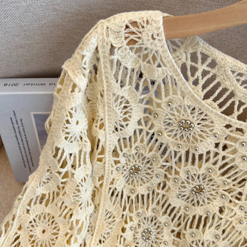 Casual Long Sleeve Elegant cardigan Beading O-neck Chic Vintage Hook Flower Hollow Out Top Plus Size Clothing