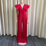 Elegant Pleated Jumpsuits & Rompers for Women V Neck Ruffles High Waisted Loose Floor Length Luxury Female Birthday Party Romper