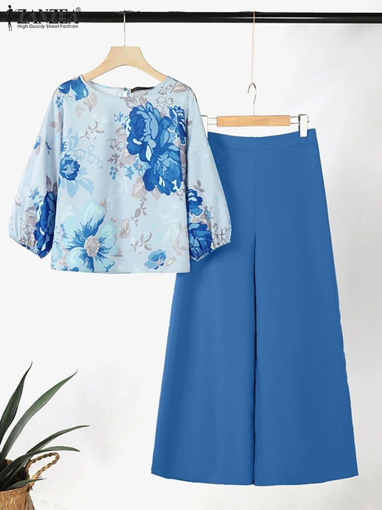 ZANZEA - Conjunto de 2 piezas de chándal para mujer, pantalones de primavera, blusa de manga 3/4, pantalones de pierna ancha, traje informal, conjunto estampado a juego