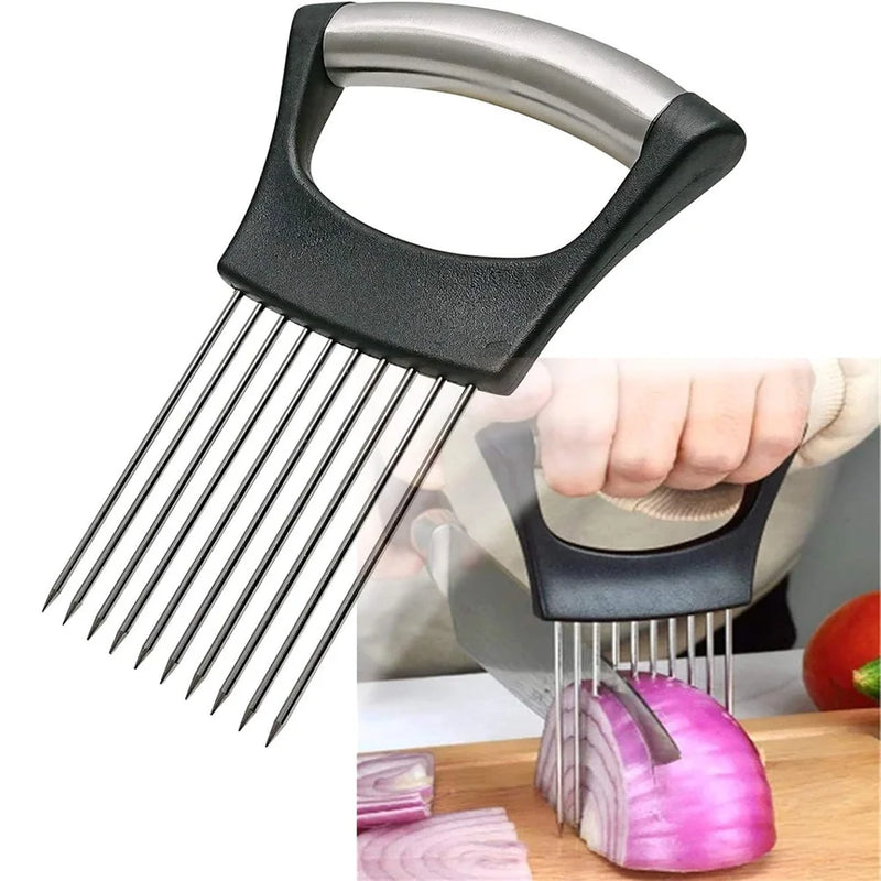Food Slicing Assistant Kitchen Cutting Tool Durable Onion Cutting Stand with Comfort Handle Stainless Steel Onion Needle Kitchen