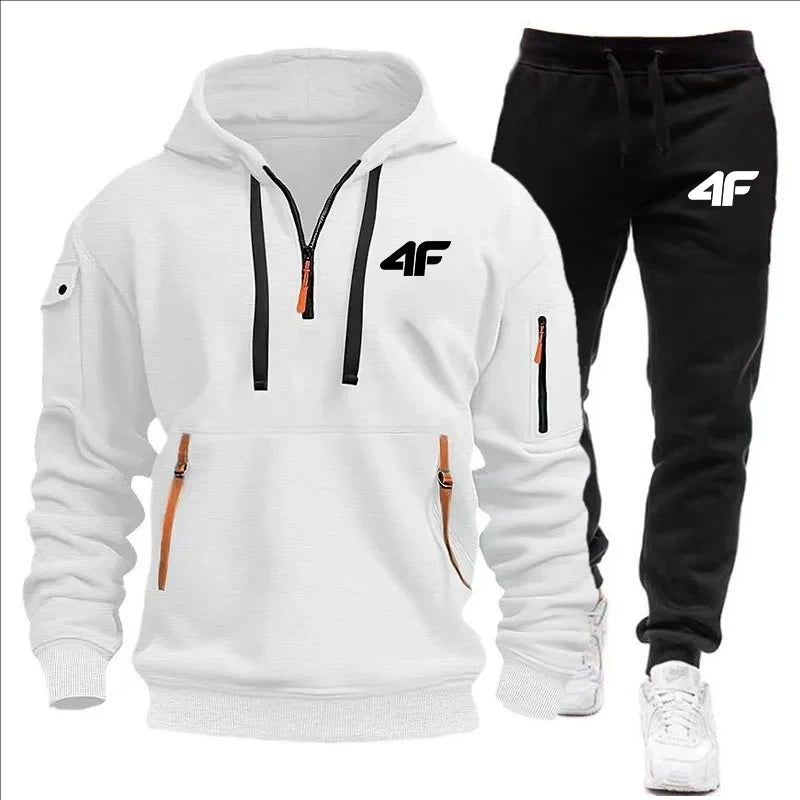 Men's tracksuit zipper hood multi-pocket and protective pants casual jogging tracksuit fall/winter 2-piece setLarge size S-3XL