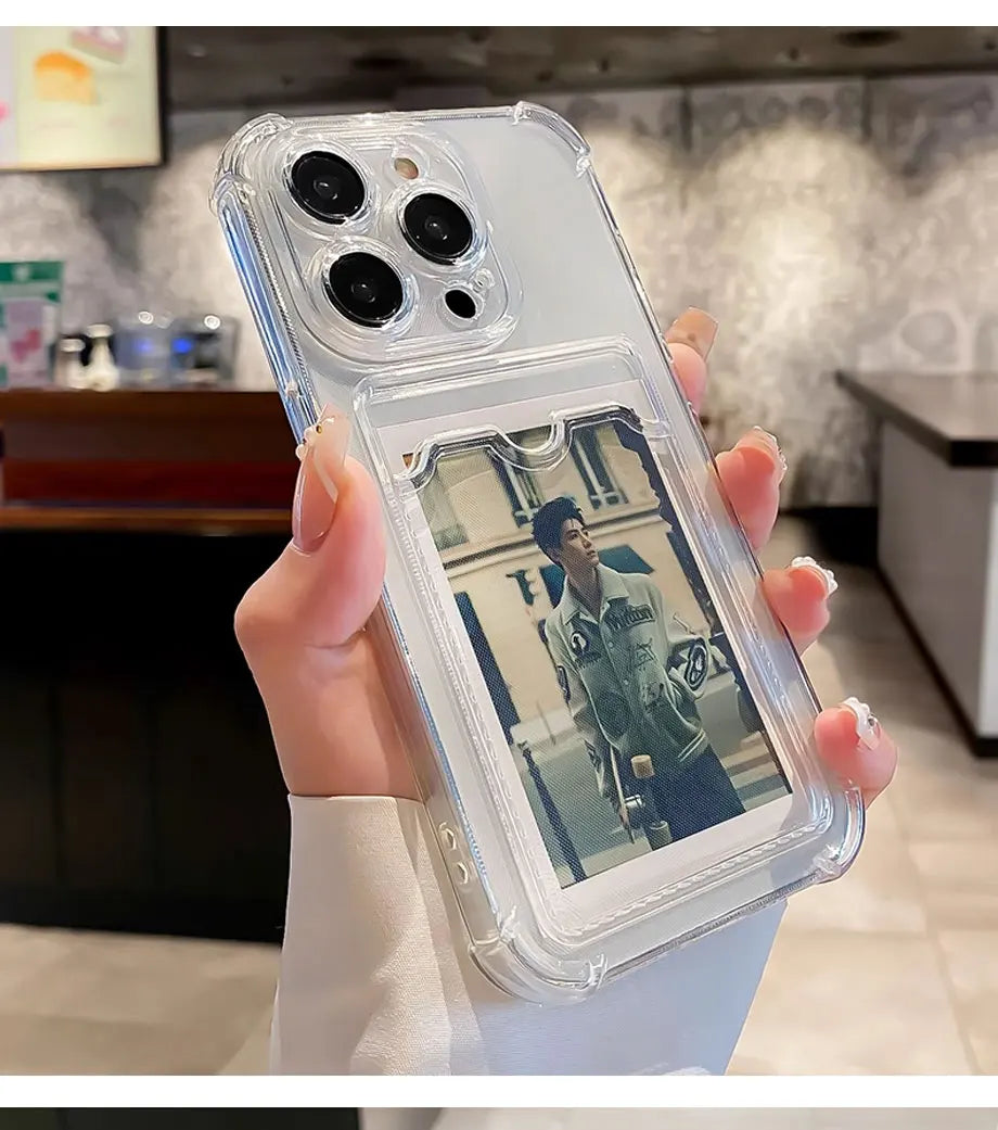 Funda transparente con ranura para tarjetas para iPhone 16, 15, 14, 13, 12, 11 Pro Max, Mini, X, XR, 7, 8 Plus, funda suave a prueba de golpes