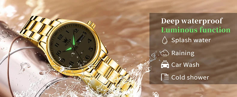 Relogio feminino de luxo bicolor aço inoxidavel e calendario duplo