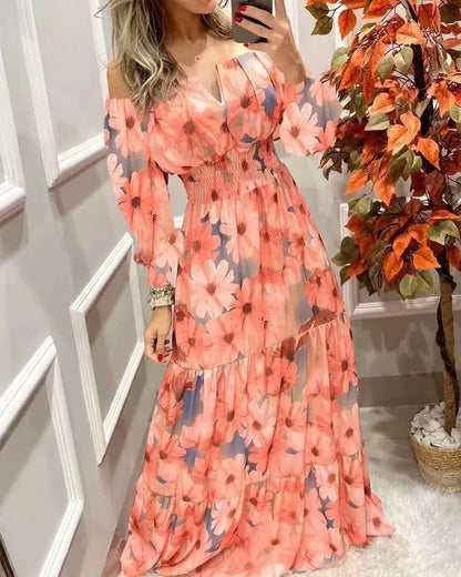 Women's Dresses 2022 Summer Vintage Print Off The Shoulder Casual V Neck Long Sleeved Waist Slim Maxi Dress