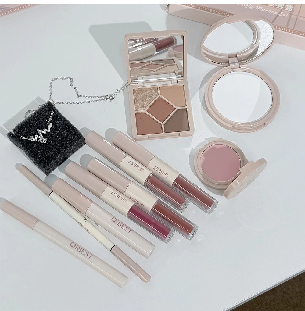 QIBEST Multipurpose Makeup Set 4pc Double Head Lip Glaze, Face Pressed Powder,Blusher,Eyeshadow, Eyebrow Pencil,Eyeliner,Lip Oil