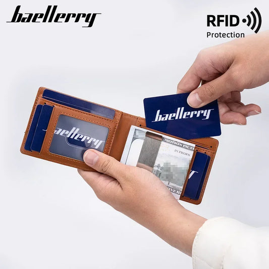 Cartera minimalista para hombre, tarjetero, nueva cartera Baellerry RFID antirrobo con doble pliegue, de cuero cruzado, tarjetero de crédito