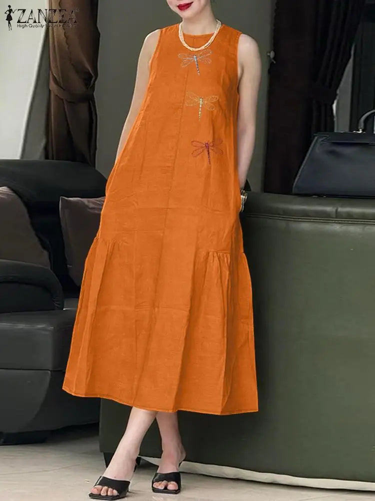 ZANZEA-vestido Midi informal con bordado de libélula para mujer, vestido de verano a la moda con cuello redondo, sin mangas, acampanados, batas con dobladillo con volantes