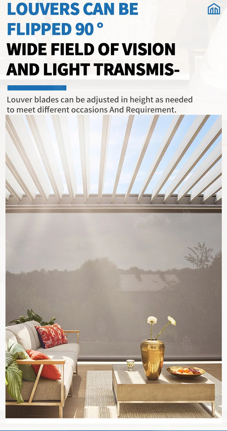 Sistema de toldo de techo de pérgola de vidrio retráctil de aluminio con apertura motorizada y cubierta eléctrica ajustable para terraza. Techo de pérgola para exteriores.