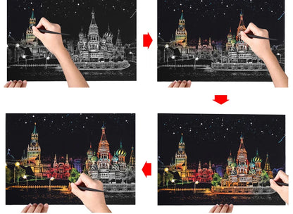 2 Sheets Scratch Paper Art Kit DIY Craft World Landmarks Animals City Scene Stylus Drawing Toy Adult Stress Relief Creative Gift