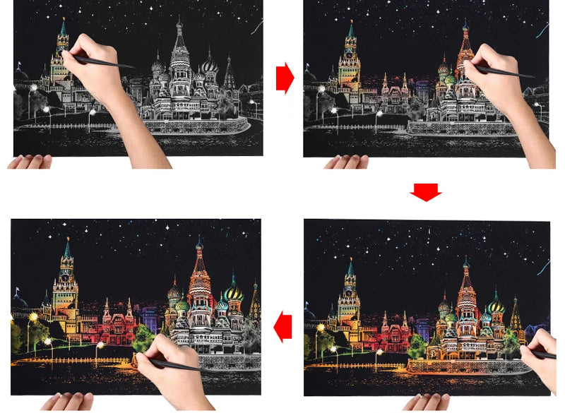 2 Sheets Scratch Paper Art Kit DIY Craft World Landmarks Animals City Scene Stylus Drawing Toy Adult Stress Relief Creative Gift