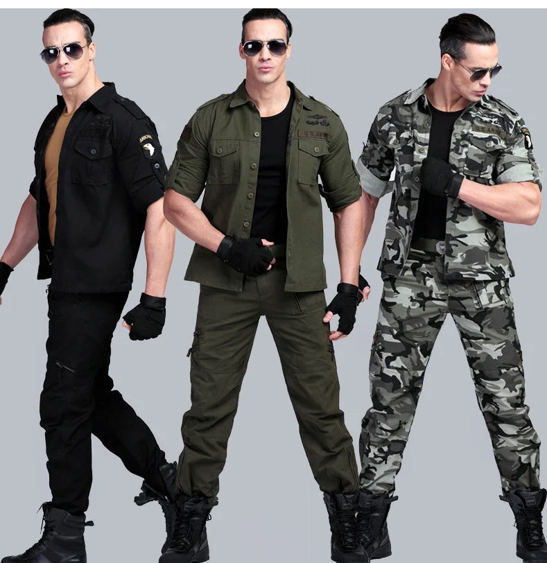 Short Sleeved Shirts Men Tactical T-shirt Spring Summer Workwear Cotton Vintage Shirt  Army Embroidery Pocket Cargo Tees
