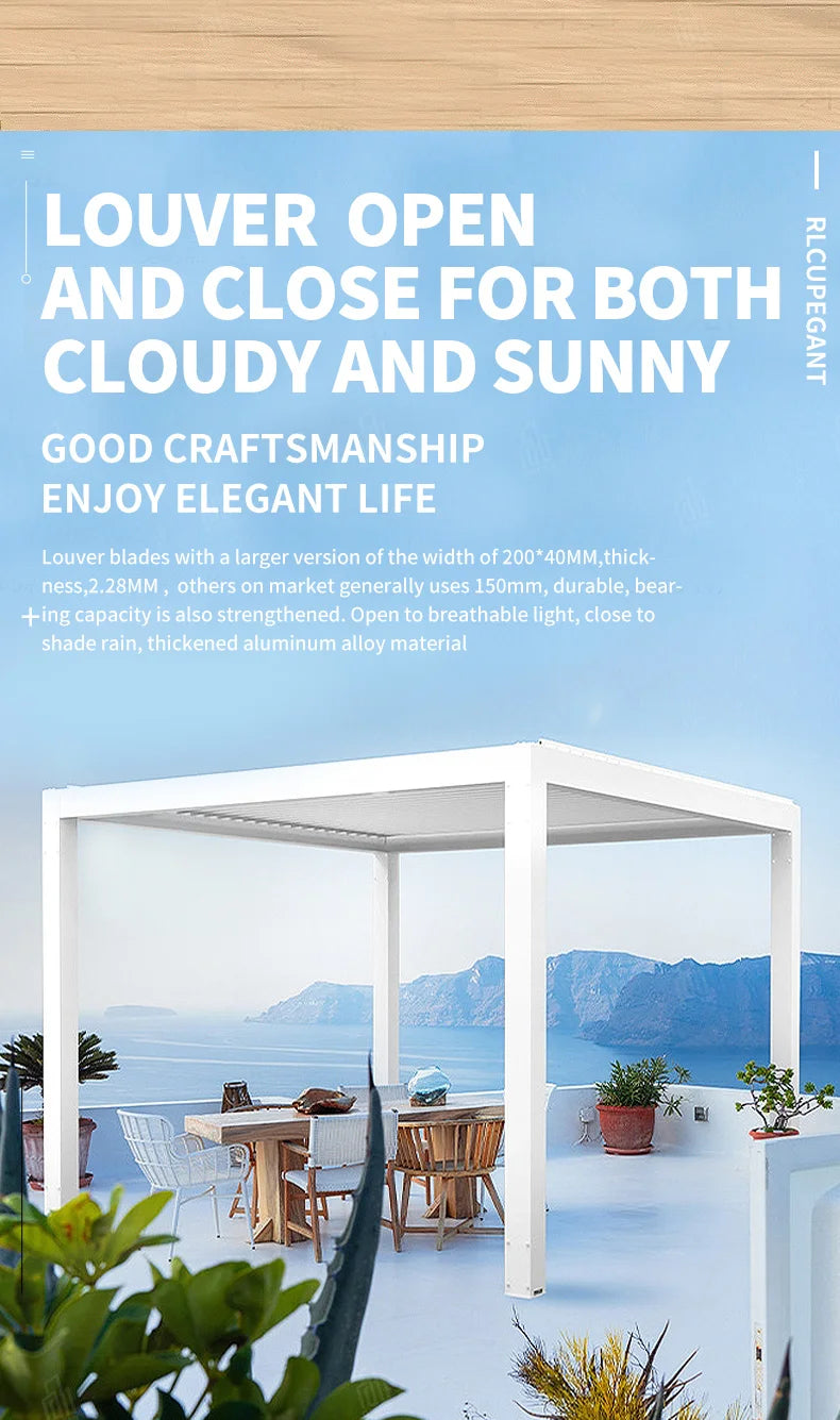 Sistema de toldo de techo de pérgola de vidrio retráctil de aluminio con apertura motorizada y cubierta eléctrica ajustable para terraza. Techo de pérgola para exteriores.
