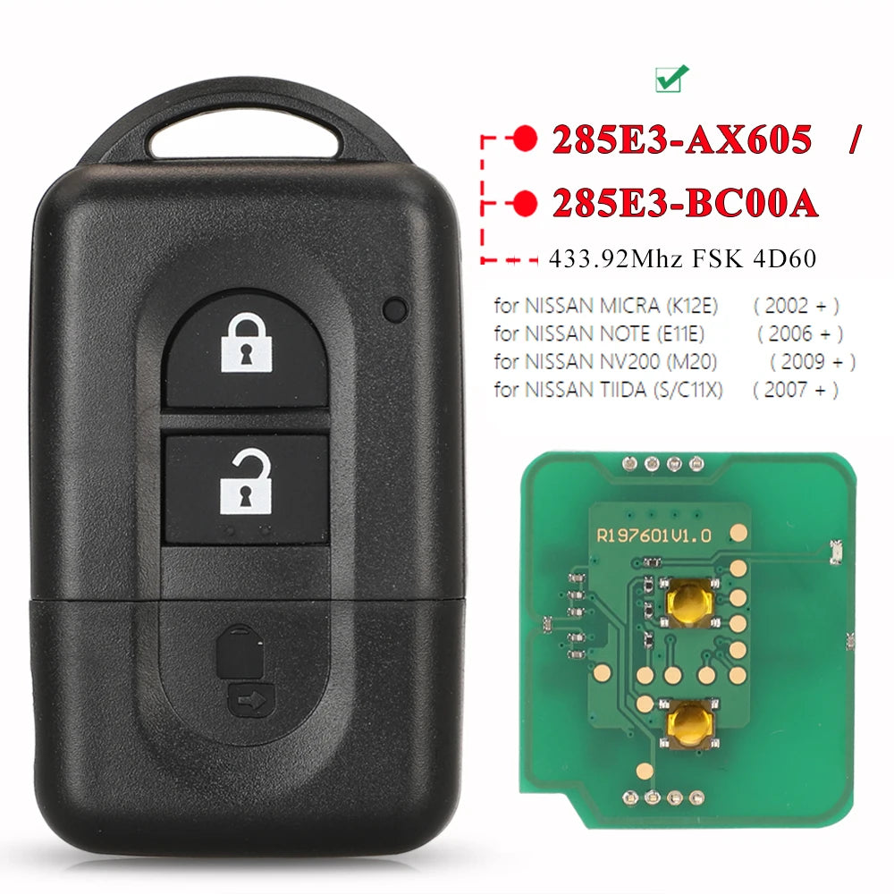 jingyuqin Keyless Remote key 433MHz ID46/4D60 for Nissan X-trail Qashqai Pathfinder Micra NV200 285E3-4X00A /EB30A/ AX605/BC00A