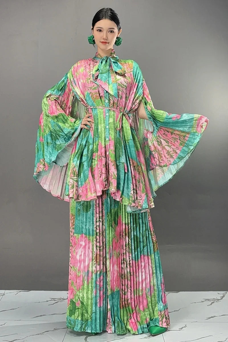 Two Pieces Chinese Style Wide Leg Pants Set Female Full Sleeve Blouse+Matching Trousers Suit Elegant Casual Matching Kit