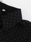 Oymimi Fashion Black Rhinestone Women's Dress Casual Lapel Long Sleeve Button Dresses Elegant New Lace-Up Pleated Mini Dresses