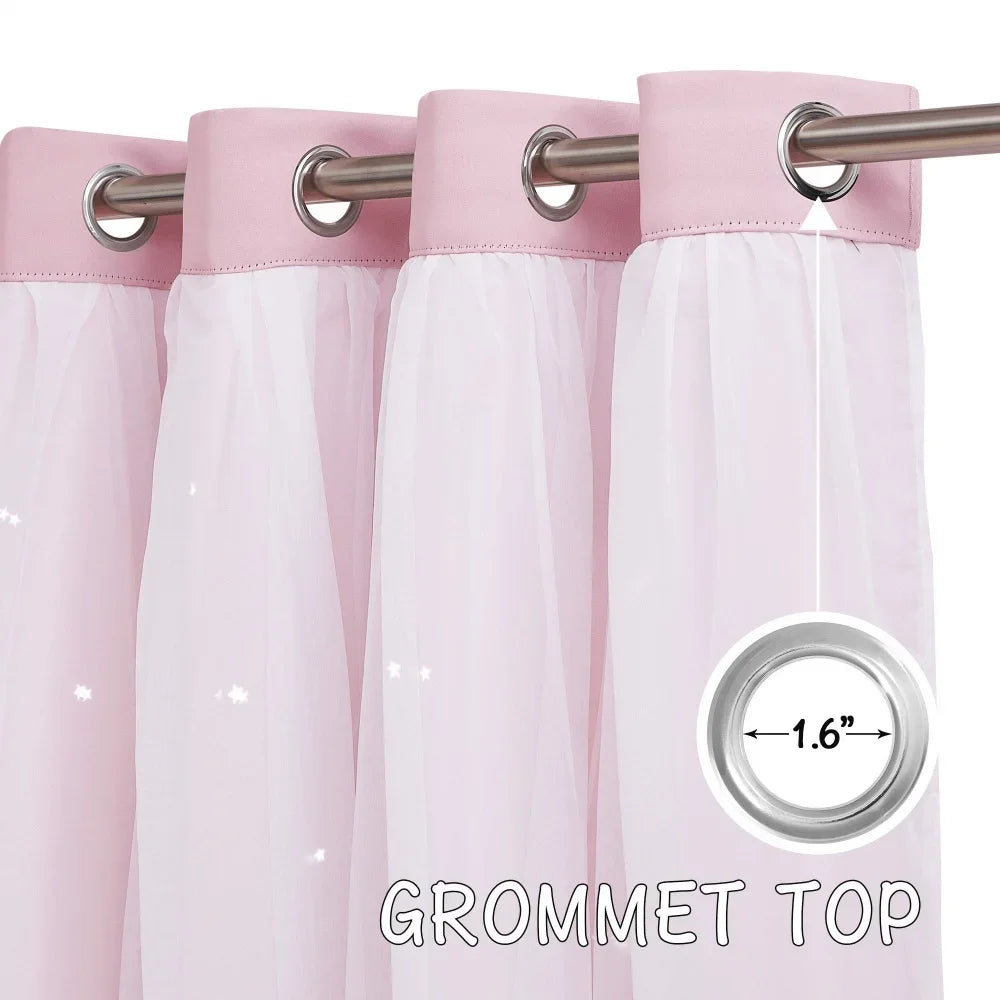 Kids Girls Bedroom Pink Curtains Star Cutout Blackout with White Sheer Pastel Nursery Window Curtain Panels for Living Room Home