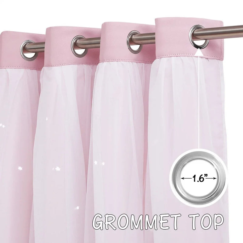 Kids Girls Bedroom Pink Curtains Star Cutout Blackout with White Sheer Pastel Nursery Window Curtain Panels for Living Room Home