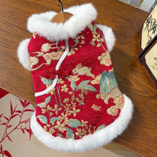 New Year Autumn Winter Double Layer Fleece Pet Clothes Chinese Style Jade Rabbit Design Warm Coat for Dogs Cats Festive Holiday