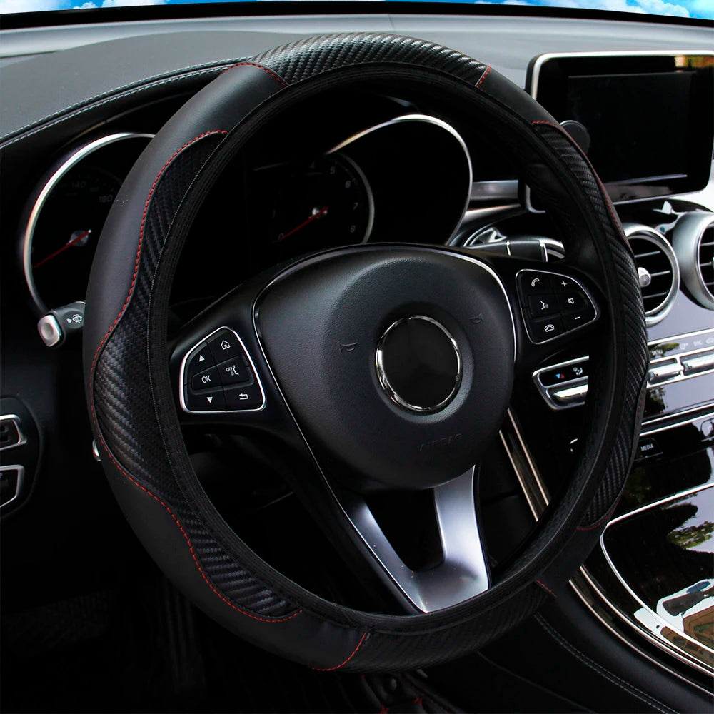PU Carbon Fiber Leather Car Steering Wheel Cover without Inner Ring Suitable for 14.5-15 Inches Auto Supplies