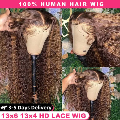 30 34 Inch Highlight Ombre Lace Front Wig Curly Human Hair Wigs Honey Blonde Colored HD Deep Wave Frontal Wigs For Black Women