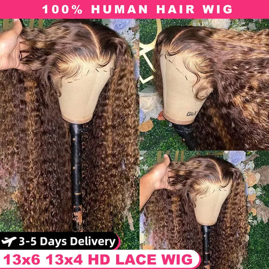30 34 Inch Highlight Ombre Lace Front Wig Curly Human Hair Wigs Honey Blonde Colored HD Deep Wave Frontal Wigs For Black Women
