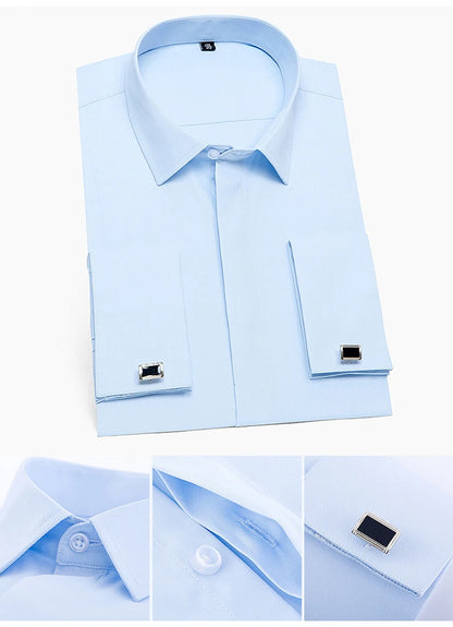 Camisa de vestir clásica para hombre, color liso, con puños franceses, cierre frontal, estilo formal, de negocios, corte estándar, manga larga, para oficina y trabajo, color blanco