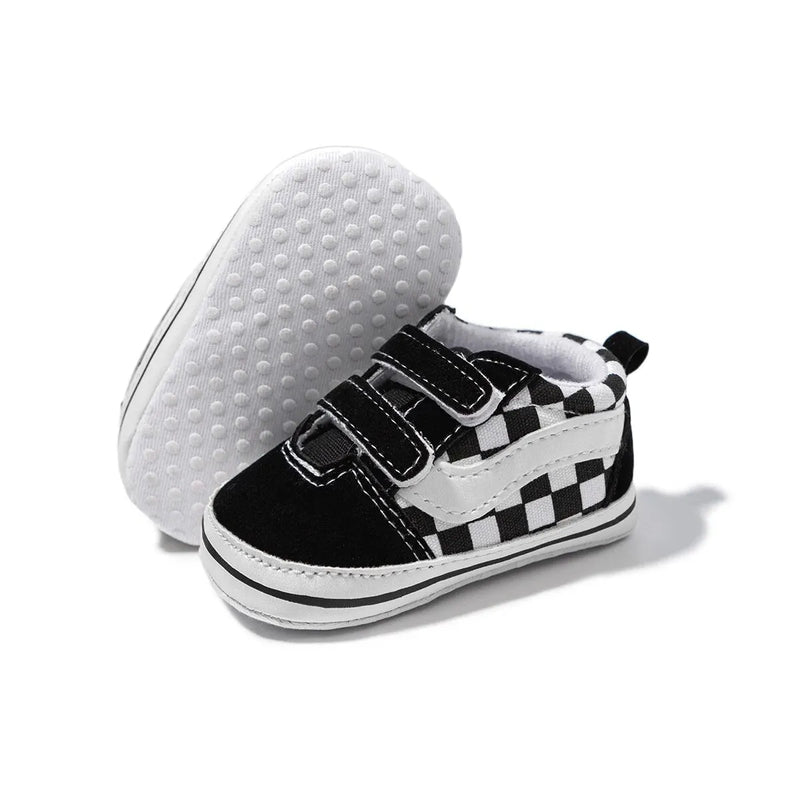Zapatos Meckior para bebé niño y niña, zapatillas de lona con suela de goma antideslizante y diseño de rayas a cuadros, para primeros pasos, zapatos casuales unisex para bebé.