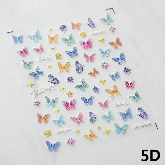 Colorful Pink Gradual Moon Star Cloud Butterfly Rhinestone 5D Soft Embossed Relief Nail Art Sticker 3D Decal Decoration Manicure