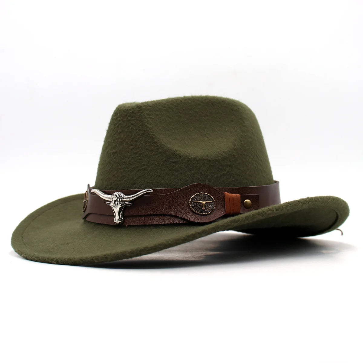 Classic Cattleman Cowboy Hat Retro Bull Head Studded Leather Band Felt Hat Unisex Western Party Cosplay Hat Wide Brim Fedora