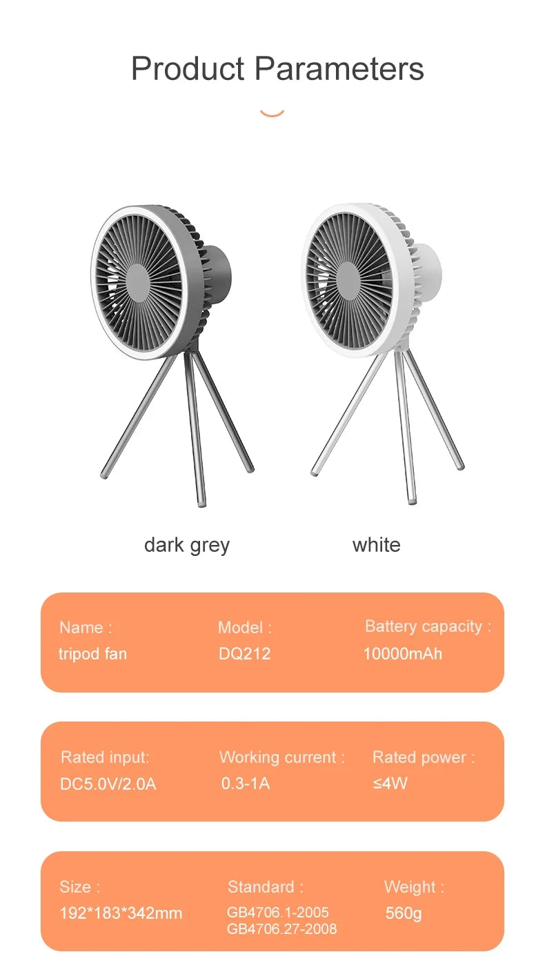 2024 New Portable Tripod Camping Fan 10000mAh USB Rechargeable Multifunctional Mini Outdoor Tent Wireless Ceiling Electric Fan