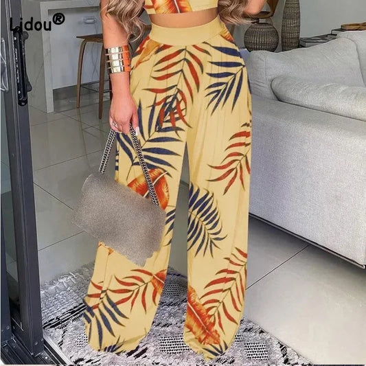 Ropa nueva para mujer, pantalones de cintura elástica, mezcla de algodón, estampado de múltiples elementos, pantalones de pierna ancha informales holgados