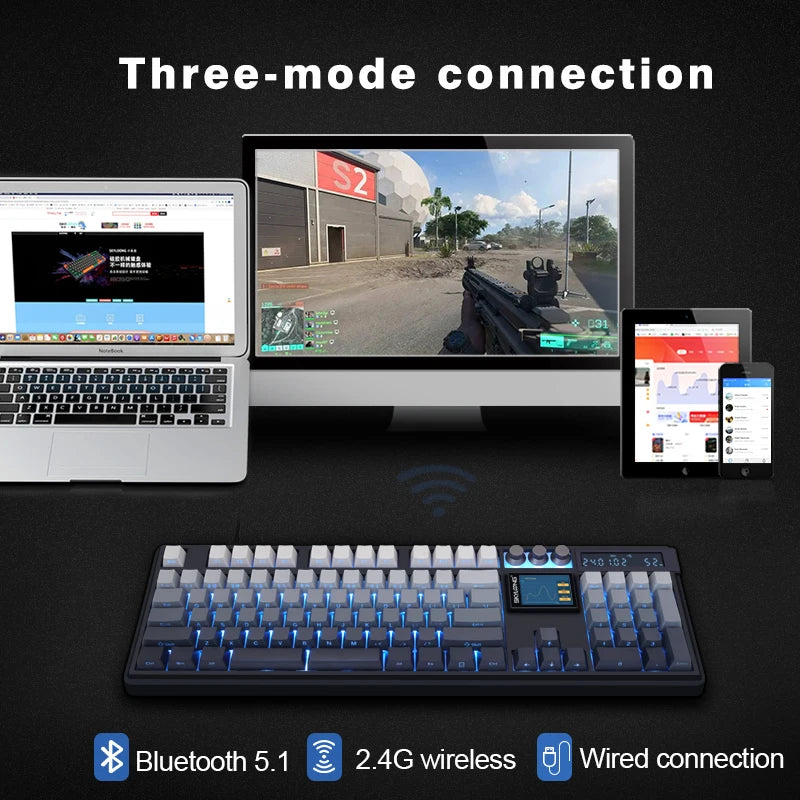 Teclado mecánico inalámbrico SKYLOONG GK104 Pro de tamaño completo con 3 modos, pantalla 2.0, 3 perillas, interruptor silencioso intercambiable en caliente, teclas PBT