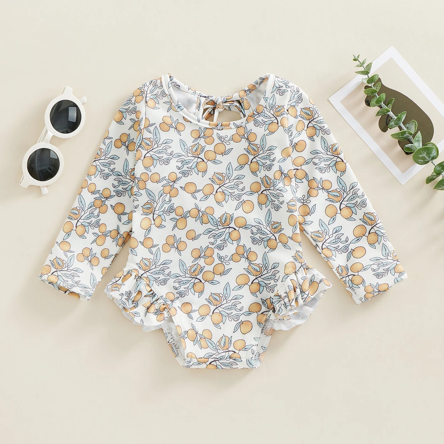 Traje de baño de verano para niñas pequeñas, estampado floral, sin espalda, con volantes, manga larga, ropa de playa para niñas de 0 a 4 años