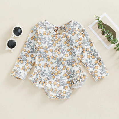 Traje de baño de verano para niñas pequeñas, estampado floral, sin espalda, con volantes, manga larga, ropa de playa para niñas de 0 a 4 años