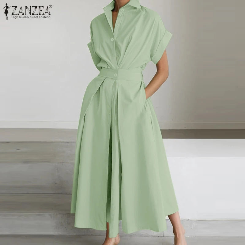 Women Summer OL Work Dress ZANZEA Elegant Short Sleeve Office Sundress Casual Solid A Line Buttons Holiday Vestidos Kaftan Robe