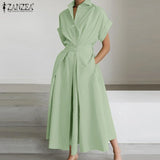 Women Summer OL Work Dress ZANZEA Elegant Short Sleeve Office Sundress Casual Solid A Line Buttons Holiday Vestidos Kaftan Robe
