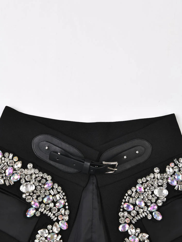 EAM - Minifalda negra con cinturón y pedrería irregular, cintura alta, para mujer, tendencia de moda, primavera otoño 2025, JY75801