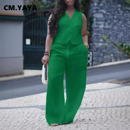 CM.YAYA Street Women's Set Sleeveless Button Fly Vest Shirt and Wide Leg Pants Elegant 2024 Fall Fashion Two 2-Piece Set Outfits